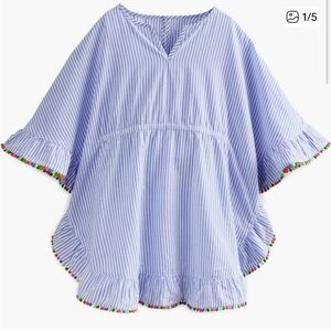 Mini Boden Blue and White Striped Pom-Pom Trim Tunic, 2-3T